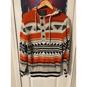 American Eagle Mens Orange Geometric Southwestern Knit Henley Hoodie Sweater